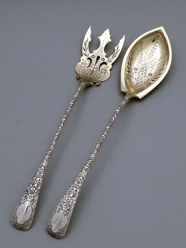 antique long handle salad set with hand chased end engraved decoration
